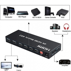 4x2 HDMI Matrix Switch,4 in 2 Out Matrix HDMI Video Switcher Splitter +Optical & L/R Audio Output,Support Ultra HD 4K x 2K,3D 1080P,Audio EDID Extractor with IR Remote Control &Power Adapter