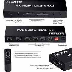 4x2 HDMI Matrix Switch,4 in 2 Out Matrix HDMI Video Switcher Splitter +Optical & L/R Audio Output,Support Ultra HD 4K x 2K,3D 1080P,Audio EDID Extractor with IR Remote Control &Power Adapter