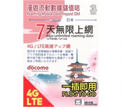 3hk - (7GB 4G)日本 docomo 4G LTE 7日無限上網卡