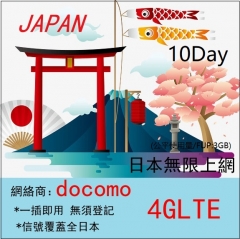 【即插即用】日本docomo10日4G/3G無限上網
