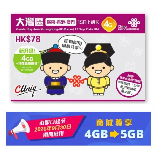 中國聯通4G 中國廣東省及香港15日上網卡 數據卡