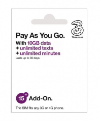 【即插即用】3UK歐洲多國通用30日10GB 4G/3G數據卡 上網卡 (3UK £15Pay As You Go 10GB)