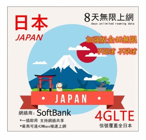 【即插即用】日本8日全4G無限（不限速 不降速）上網卡