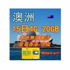 OPTUS Australia 15 Days 4G 20GB Internet SIM + Unlimited Local Calls + Call Hong Kong
