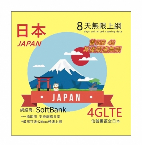 4G 日本8日SoftBank(5GB 4G)無限上網卡