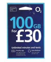 O2 UK 30DAYS 4G/3G 100GB Data Card + Unlimited Call