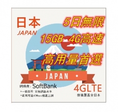 【高用量】Softbank 日本5日4G 15GB之後降速無限《每日3GB 之後降速128k無限》