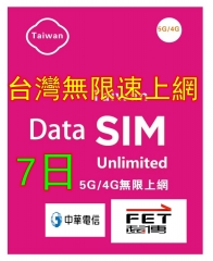 【5G/4G 即插即用】台灣 7日 無限 (全速不限速 不降速）上網卡 數據卡Sim卡 電話咭data