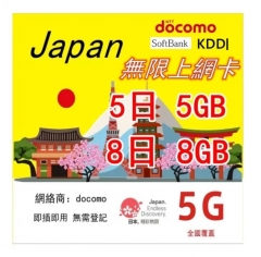 【即插即用】 日本 5G/4G無限上網卡5日 8日 10日 15日 可充值循環使用（多種套餐可供選擇）