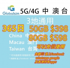 【可選擇eSIM/普通SIM】Globalsim5G/4G 中國内地 澳門 台灣365日50GB/80GB 上網卡