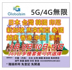 【可選擇eSIM/普通SIM】Globalsim 5G/4G 東南亞 3日/5日/8日/10日/15日/30日/365日無限 日本 台灣 韓國 新加坡 馬來西亞 澳門 泰國 越南 印尼 香港 中國（內地）多國通用