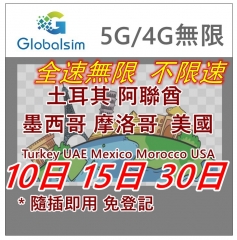 【可選擇eSIM/普通SIM】Globalsim 5G/4G 土耳其 阿聯酋 墨西哥 摩洛哥 美國5地通用無限上網卡 7日 10日 15日 20日 30日 無限上網卡 電話卡