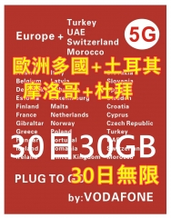 【可選擇eSIM/普通SIM】【即插即用 Vodafone網絡】5G/4G 歐洲多國+瑞士+土耳其 +摩洛哥+杜拜30日30GB 無限上網卡 數據卡Sim卡 電話咭data 多種套餐可供選