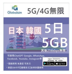 【可選擇eSIM/普通SIM】【每日没有限制】Globalsim 5G/4G 日本，韓國 通用 5日/8日/10日/15日無限上網卡 即插即用