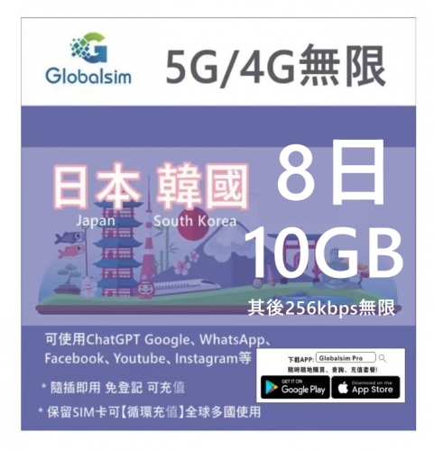 【可選擇eSIM/普通SIM】【每日没有限制】Globalsim 5G/4G 日本，韓國 通用 5日/8日/10日/15日無限上網卡 即插即用