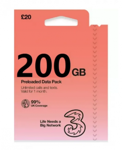 Three uk 英國30日 200GB data，無限英國通話，免費歐洲漫遊數據， Pay As You Go SIM（提供英國電話號碼）
