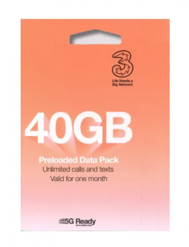 3UK Three 英國+歐洲30日40GB data (Pay As You Go SIM)無限英國通話，免費歐洲漫遊數據（提供英國電話號碼）