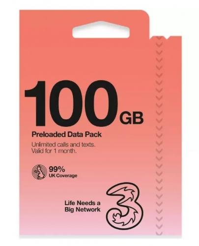 Three uk 英國30日 100GB data，無限英國通話，免費歐洲漫遊數據， Pay As You Go SIM（提供英國電話號碼）