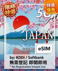 【特價優惠】【可選擇eSIM/普通SIM 即插即用】 日本 5G/4G無限上網卡5日 8日 10日 30日可充值循環使用（多種套餐可供選擇）