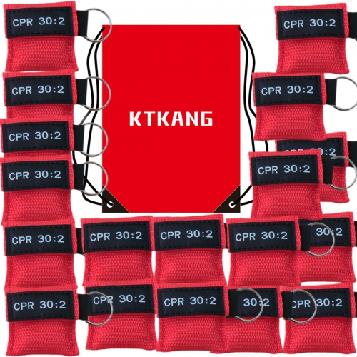 KTKANG 100Pcs/Pack CPR Barrier with Key Ring CPR Face Shield for AED Training Mouth to Mouth First Aid Red Pouch Logo CPR 30:2