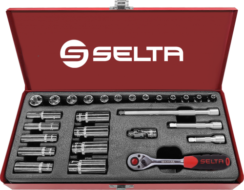 Selta Taiwan 27pc 1/4" dr. Socket & Accessoires: Regular & Deep Socket; Ratchet Handle; Wobble Extension Bar