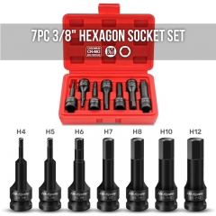 7pc 3/8"Dr. Cr-Mo 60mmH Deep Impact Hex Allen Socket Bits Set: H4 H5 H6 H7 H8 H10 H12