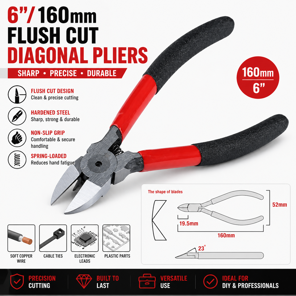 6"/160mm Flush Cut Diagonal Side Cutting Pliers Shear Wire Nippers
