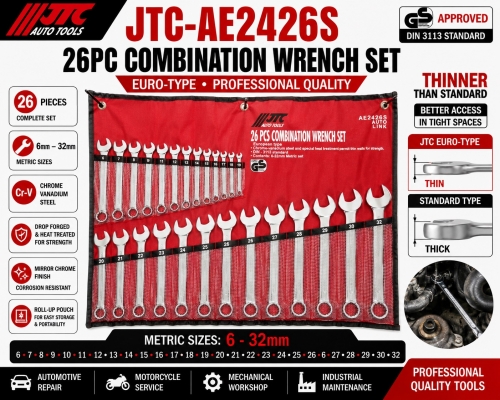 JTC-AE2426S 26pc Combination Wrench Set Metric 6-32mm Euro Type Cr-V