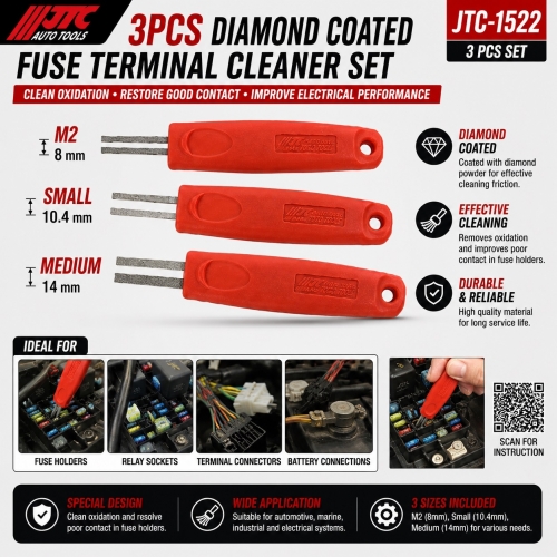 JTC-1522 3pc Fuse Terminal Cleaner Set Relay Socket Contact Cleaner Diamond Coated