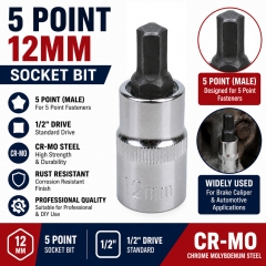 12mm 5pt Points Pentagon Brake Caliper Hex Security Socket Bit 1/2" Drive Cr-Mo Steel