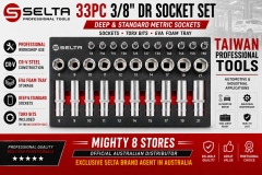 Selta Taiwan T3533E 33pc 3/8" Dr. 6pt Flank Regular & Deep Socket & Star Torx Bits Set