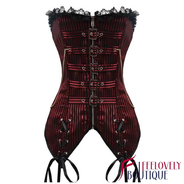 Zippered Striped Burlesque Corset Laced Overbust Corset