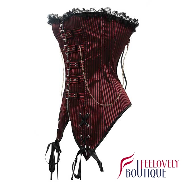 Zippered Striped Burlesque Corset Laced Overbust Corset