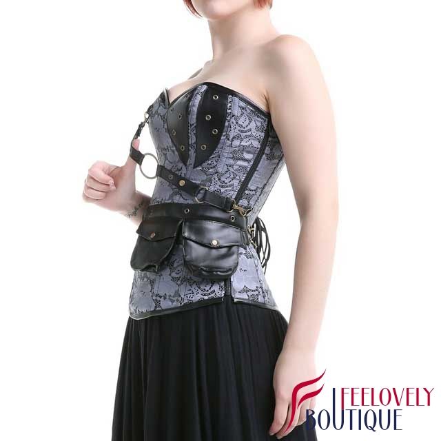 Gothic Steel Boned Corset Steampunk Brocade Corset With Pocket