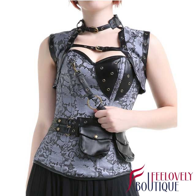 Gothic Steel Boned Corset Steampunk Brocade Corset With Pocket
