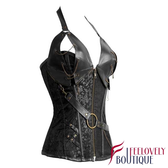 Leather Trim Halter Steampunk Corset Brocade Zippered Corset Tops