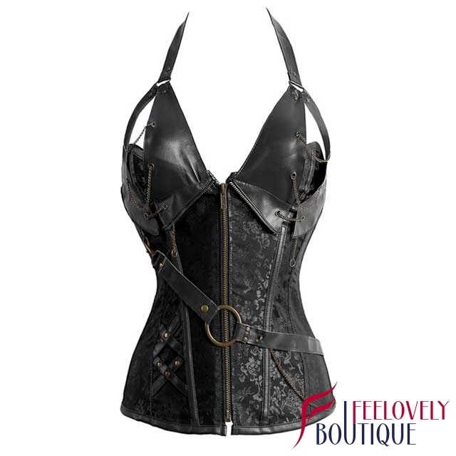 Leather Trim Halter Steampunk Corset Brocade Zippered Corset Tops