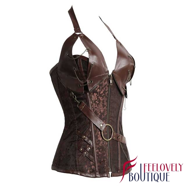 Leather Trim Halter Steampunk Corset Brocade Zippered Corset Tops