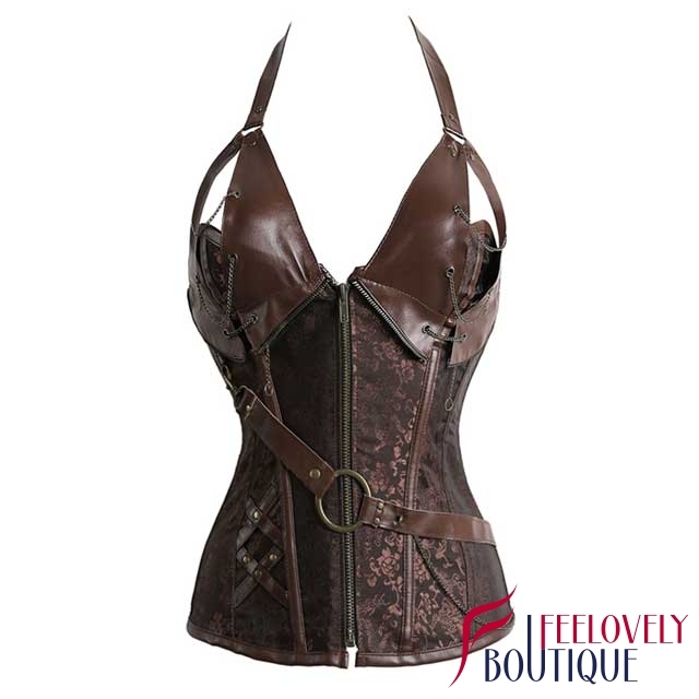 Leather Trim Halter Steampunk Corset Brocade Zippered Corset Tops