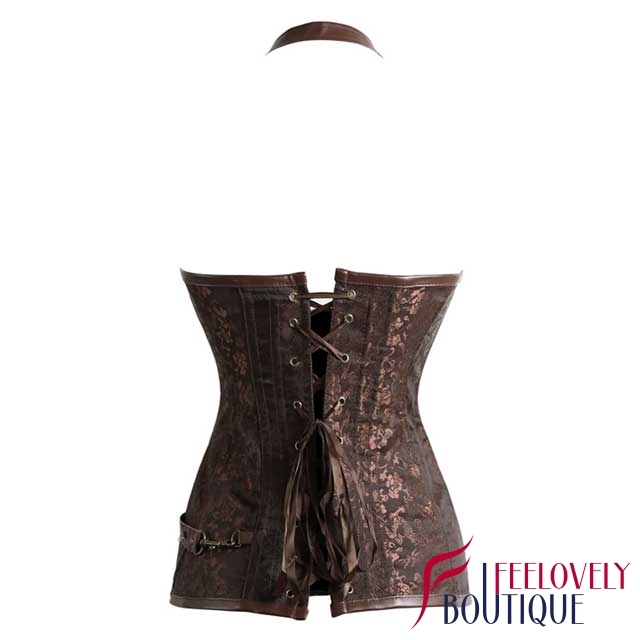 Leather Trim Halter Steampunk Corset Brocade Zippered Corset Tops