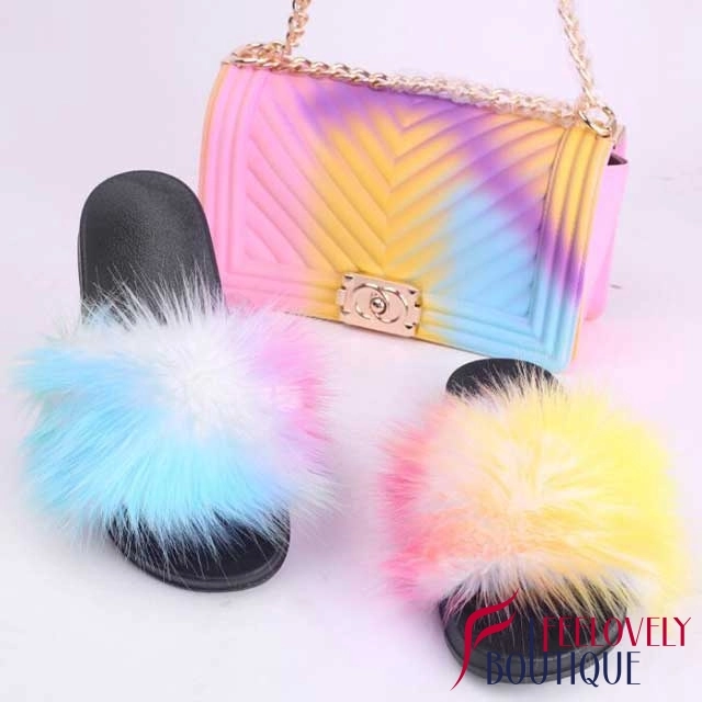 Multi-Color Fur Slipper Set(slipper+bag)