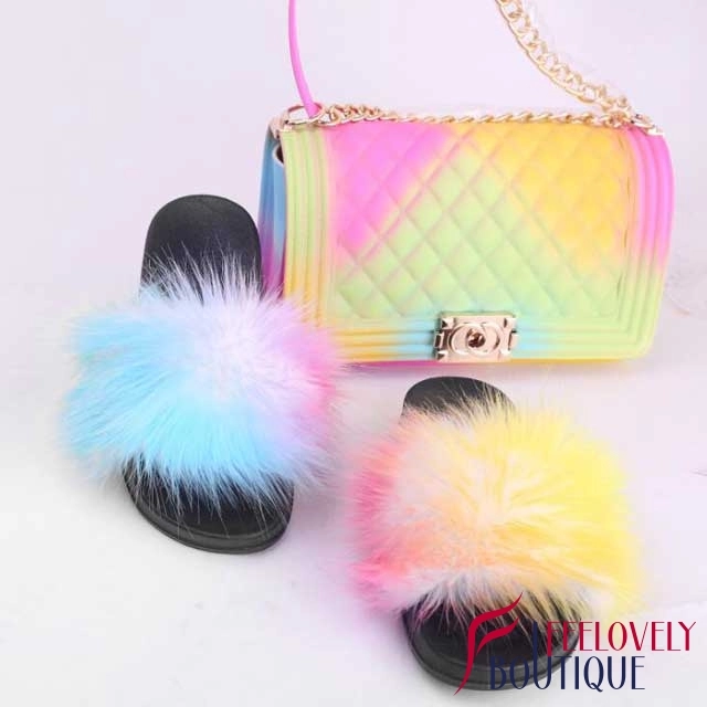 Multi-Color Fur Slipper Set(slipper+bag)