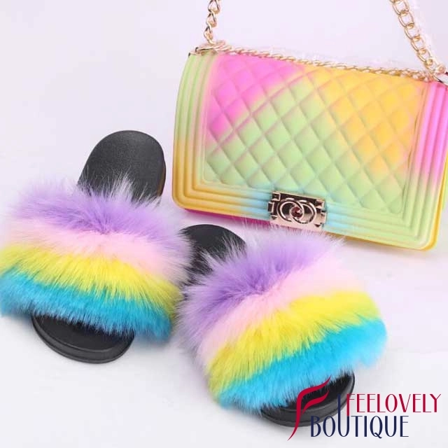 Multi-Color Fur Slipper Set(slipper+bag)