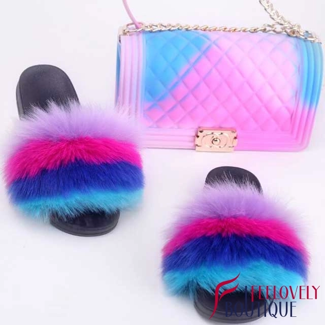 Multi-Color Fur Slipper Set(slipper+bag)