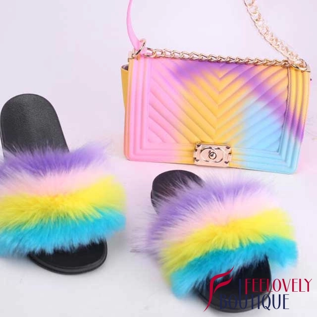 Multi-Color Fur Slipper Set(slipper+bag)