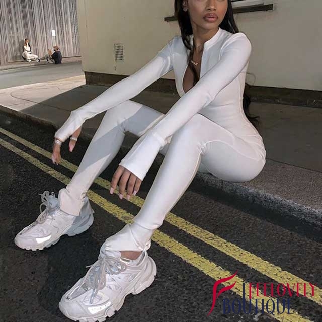 Zippered Long Sleeve Sporty Jumpsuit