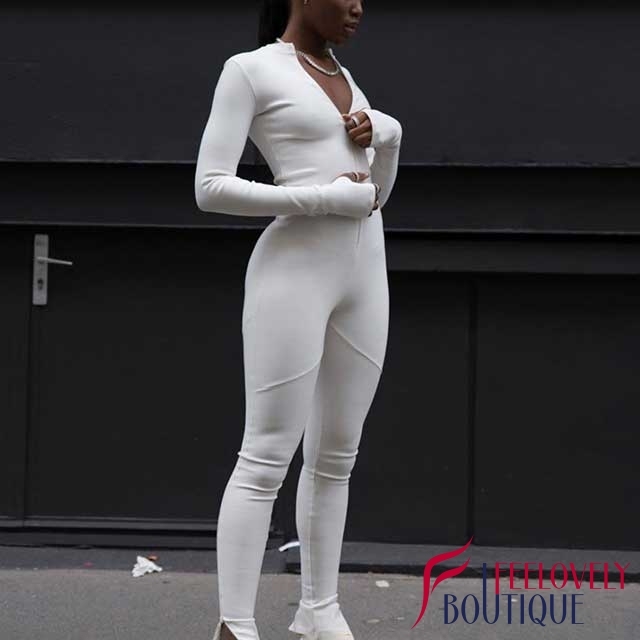 Zippered Long Sleeve Sporty Jumpsuit