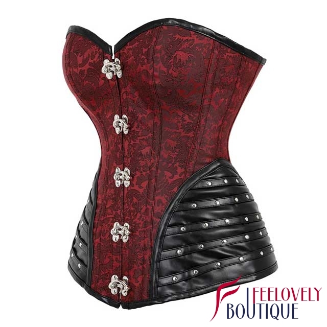 Leather Trim Steel Boned Brocade Steampunk Corset