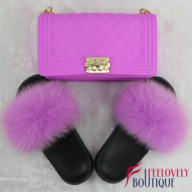 Solid Color Fur Slides And Jelly Bag Set