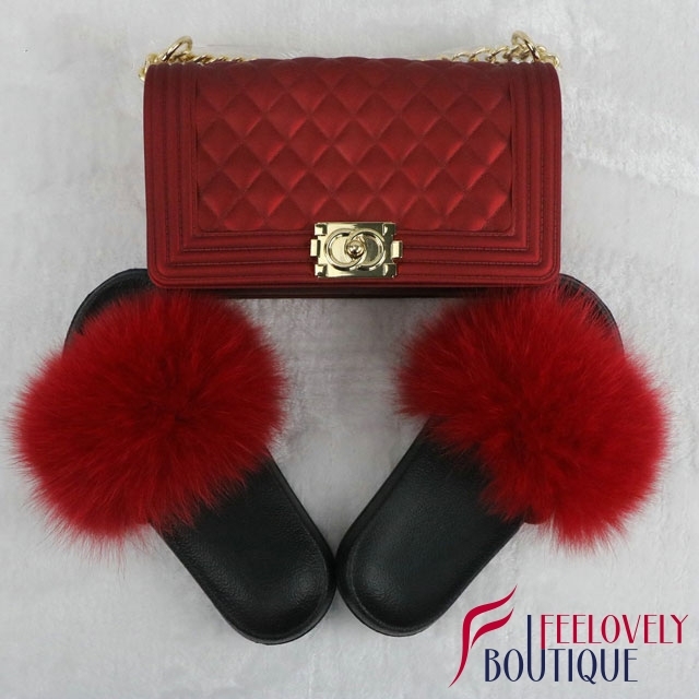 Solid Color Fur Slides And Jelly Bag Set